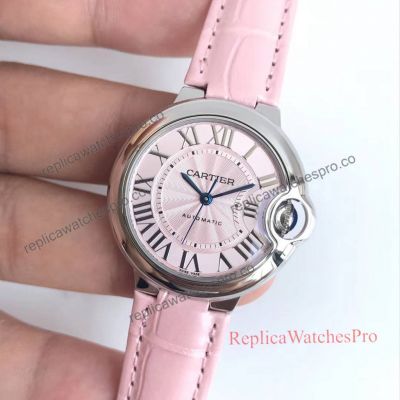 Ballon Bleu Cartier Pink Roman Dial Replica Ball Pink Leather Band Watch